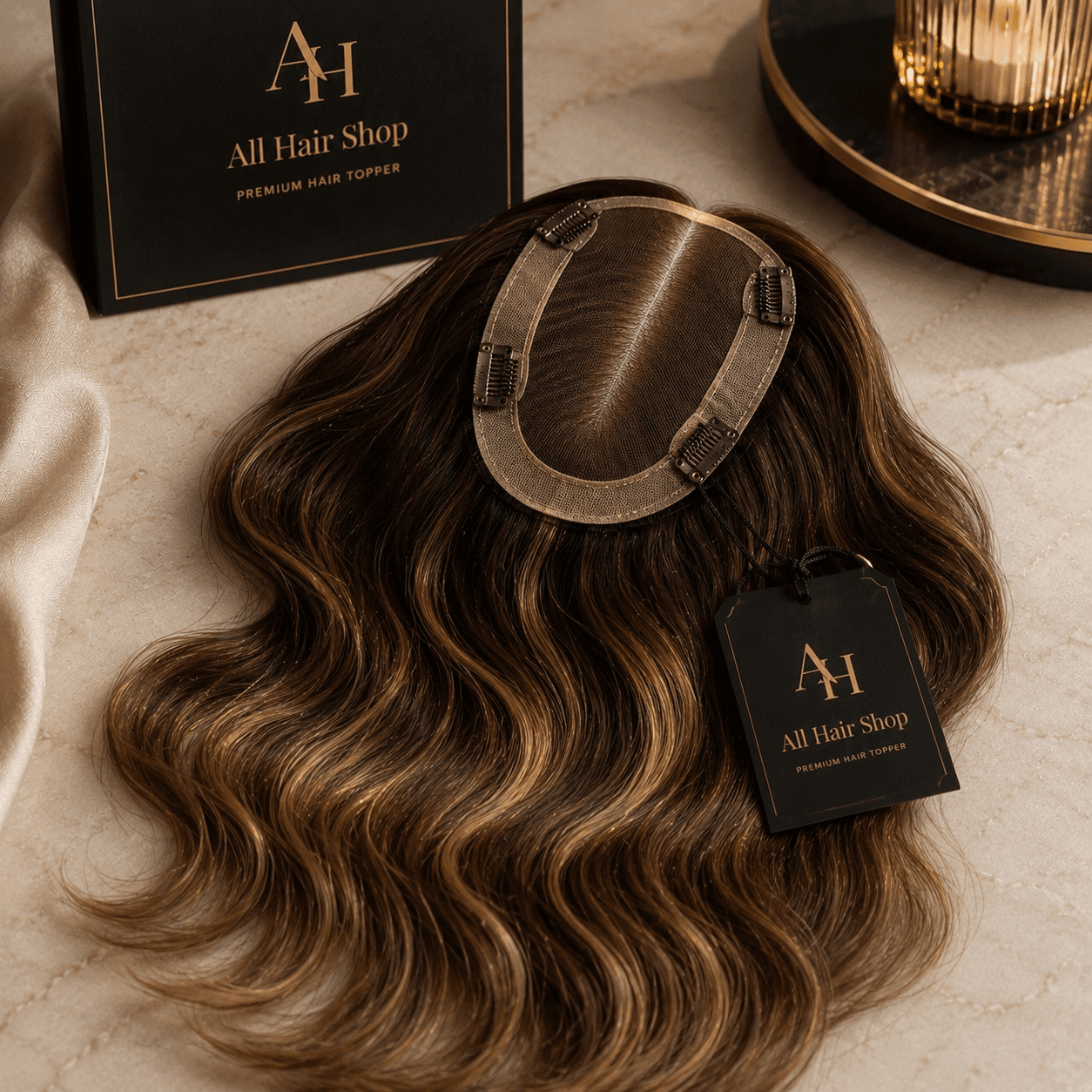 Hair Topper showing clip base and natural wavy hair