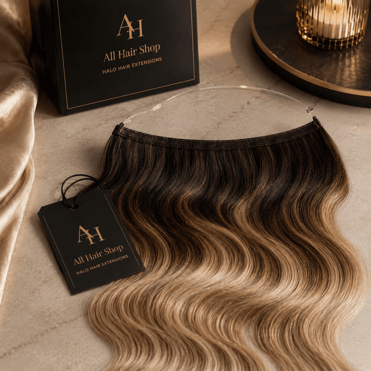 Halo Hair Extensions showing the clear wire halo band