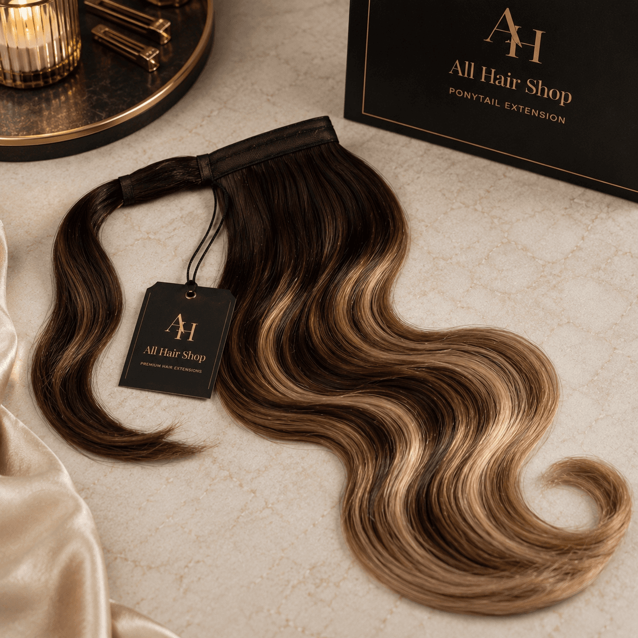 Ponytail Extension wraparound design on marble surface