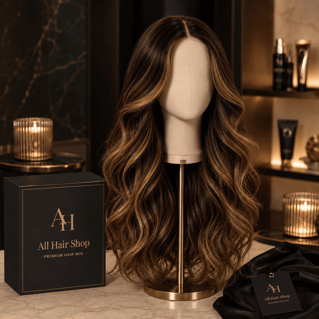 Premium Hair Wig displayed on wig stand with All Hair Shop box