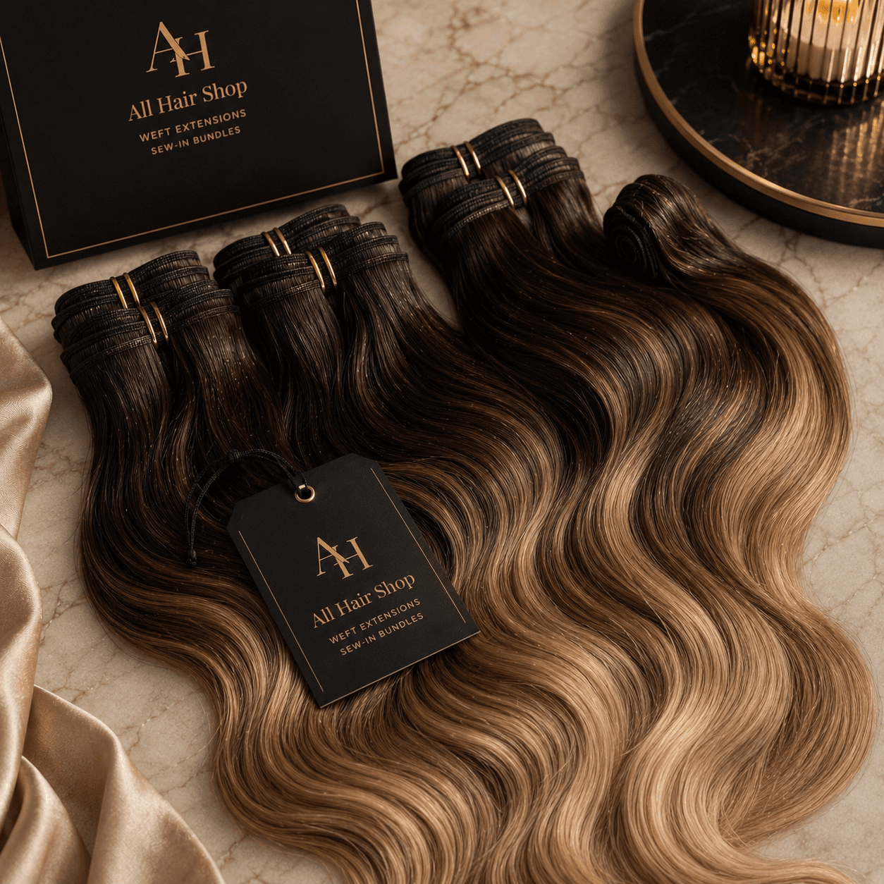 Sew-In Weft Extensions bundles on marble surface